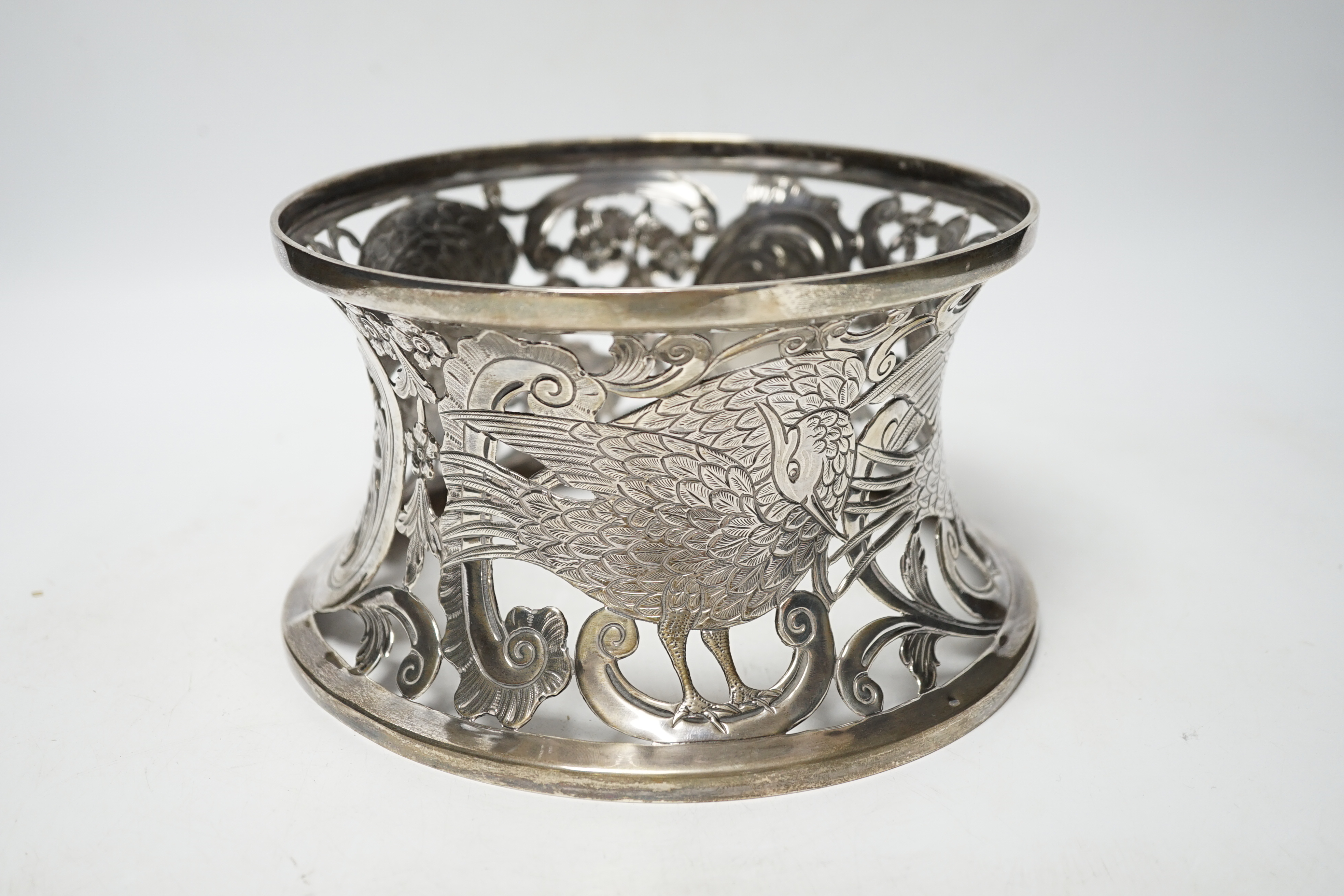 A George V Irish silver dish ring, West & Son, Dublin, 1917, top diameter 18.2cm, 9.8oz.